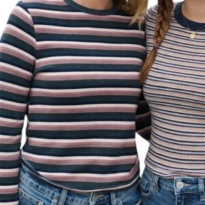 American Eagle Striped Long-Sleeve Ribbed Tee Medium Mockneck AEO Shirt